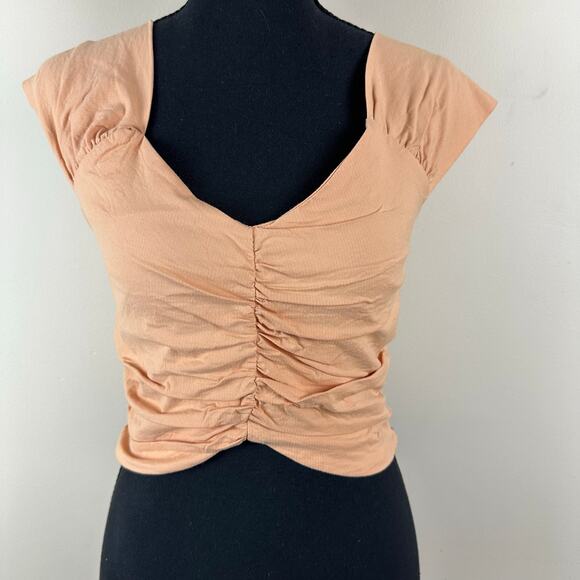 Vestique Ruched Cotton Crop Top Women S Peach Cap Sleeve Festival Y2K Streetwear - Picture 2 of 10
